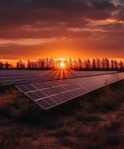 Sun sets on renewable energy futuristic landscape generated by artificial intelligence